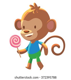 Vector cartoon image of a cute little brown monkey - schoolboy in green shorts and a blue t-shirt with pink lollipop in his paw on a white background. School, education, animals. Vector illustration.