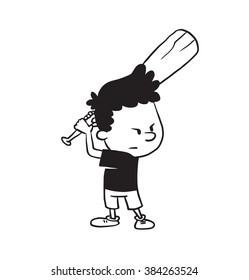 Vector cartoon image of a cute little boy in shorts and t-shirt standing with a baseball bat in his hands on a white background. Made in a monochrome style. Positive character. Vector illustration.