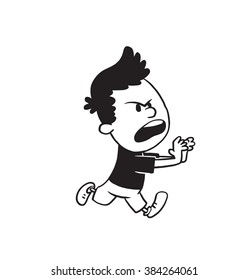 Vector cartoon image of a cute little boy in shorts and t-shirt cute little boy running angry on a white background. Made in a monochrome style. Positive character. Vector illustration.