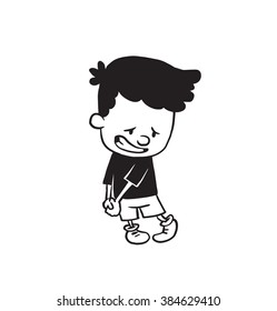 Vector cartoon image of a cute little boy in shorts and t-shirt standing with a guilty expression on his face on a white background. Made in a monochrome style. Positive character. Vector illustration