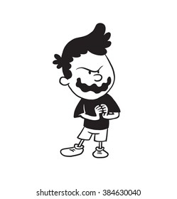 Vector cartoon image of a cute little boy in shorts and t-shirt standing rubbing his hands with an ominous expression on his face on a white background. Made in a monochrome style. Positive character