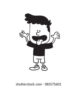 Vector cartoon image of a cute little boy in shorts and t-shirt standing, grimacing and showing tongue on a white background. Made in a monochrome style. Positive character. Vector illustration.