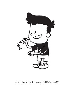 Vector cartoon image of a cute little boy in shorts and t-shirt standing and drawing a little man by pencil on a white background. Made in a monochrome style. Positive character. Vector illustration.