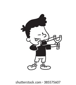 Vector cartoon image of a cute little boy in shorts and t-shirt standing and sighting to shoot from a slingshot on white background. Made in a monochrome style. Positive character. Vector illustration svg