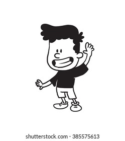 Vector cartoon image of a cute little boy in shorts and t-shirt standing, smiling and waving his hand on a white background. Made in a monochrome style. Positive character. Vector illustration.