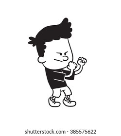 Vector cartoon image of a cute little boy in shorts and t-shirt standing and going to fight with someone on a white background. Made in a monochrome style. Positive character. Vector illustration.