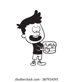 Vector cartoon image of a cute little boy in shorts and t-shirt standing with cake in hands and wants to eat it on a white background. Made in monochrome style. Positive character. Vector illustration