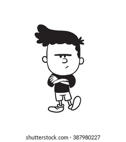 Vector cartoon image of a cute little angry boy in shorts and t-shirt standing with his arms crossed on a white background. Made in a monochrome style. Positive character. Vector illustration.