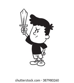 Vector cartoon image of a cute little boy in shorts and t-shirt standing with raised wooden sword in his hand on a white background. Made in a monochrome style. Positive character. Vector illustration