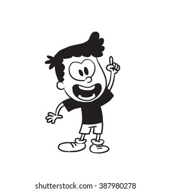 Vector cartoon image of a cute little boy in shorts and t-shirt standing and smiling with a raised hand on a white background. Made in a monochrome style. Positive character. Vector illustration.