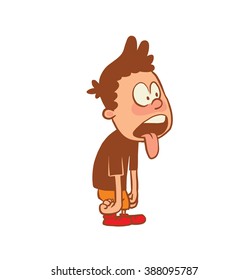 Vector cartoon image of a cute little boy in orange shorts and t-shirt standing with tongue sticking out on white background. Color image with a brown tracings. Positive character Vector illustration