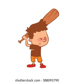 Vector cartoon image of a cute little boy in orange shorts and brown t-shirt standing with baseball bat on white background. Color image with a brown tracings. Positive character. Vector illustration