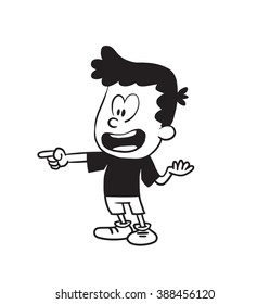 Vector cartoon image of a cute little boy in shorts and t-shirt smiling and pointing the finger at something on a white background. Made in a monochrome style. Positive character. Vector illustration.