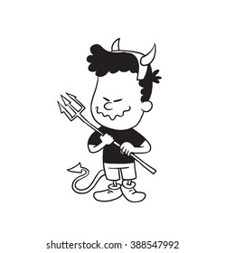 Vector cartoon image of a cute little boy in shorts and t-shirt, with a tail, horns and with trident in hands on a white background. Made in a monochrome style. Positive character. Vector illustration