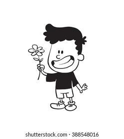 Vector cartoon image of a cute little boy in shorts and t-shirt standing and smiling with flower in his hand on a white background. Made in a monochrome style. Positive character. Vector illustration.