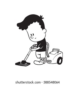 Vector cartoon image of a cute little boy in shorts and t-shirt cleaning with a vacuum cleaner and smiling on a white background. Made in a monochrome style. Positive character. Vector illustration.
