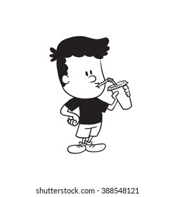 Vector cartoon image of a cute little boy in shorts and t-shirt standing and drinking from a cup with a straw on a white background. Made in a monochrome style. Positive character. Vector illustration