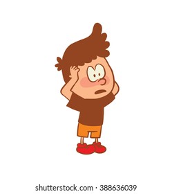 Vector cartoon image of a cute little boy in orange shorts, t-shirt with astonished expression on face on a white background. Color image with a brown tracings. Positive character Vector illustration