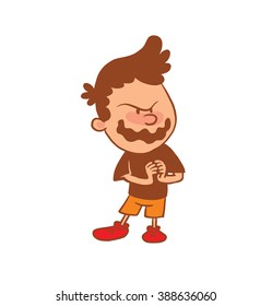 Vector cartoon image of a cute little boy in orange shorts, t-shirt with an ominous expression on face on a white background. Color image with a brown tracings. Positive character Vector illustration