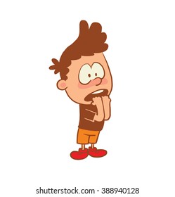 Vector cartoon image of a cute little boy in orange shorts, t-shirt with frightened expression on face on a white background. Color image with a brown tracings. Positive character Vector illustration