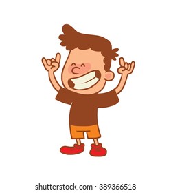 Vector cartoon image of a cute little boy in orange shorts and brown t-shirt smiling with hands raised on white background. Color image with a brown tracings. Positive character. Vector illustration.