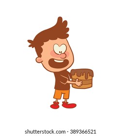 Vector cartoon image of a cute little boy in orange shorts and brown t-shirt standing with cake in hands on white background. Color image with a brown tracings. Positive character. Vector illustration