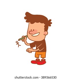 Vector cartoon image of a cute little boy in orange shorts and brown t-shirt drawing little man by pencil on white background. Color image with brown tracings. Positive character. Vector illustration.