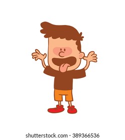 Vector cartoon image of a cute little boy in orange shorts and brown t-shirt grimacing and showing tongue on white background. Color image with brown tracings. Positive character. Vector illustration.