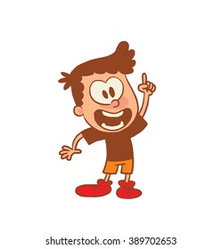 Vector cartoon image of a cute little boy in orange shorts and brown t-shirt smiling with a raised hand on white background. Color image with a brown tracings. Positive character. Vector illustration.