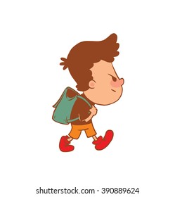 Vector cartoon image of a cute little boy in orange shorts, brown t-shirt with schoolbag behind his back on a white background. Color image with brown tracings. Positive character. Vector illustration