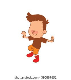 Vector cartoon image of a cute little boy in orange shorts and brown t-shirt balancing on one leg on a white background. Color image with brown tracings. Positive character. Vector illustration.