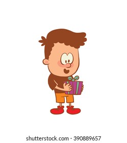 Vector cartoon image of a cute little boy in orange shorts and brown t-shirt with a gift in his hands on a white background. Color image with brown tracings. Positive character. Vector illustration.
