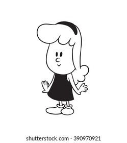 Vector cartoon image of a cute little girl with long wavy hair in dress standing and smiling on a white background. Made in a monochrome style. Positive character. Vector illustration.