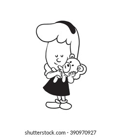 Vector cartoon image of a cute little girl with wavy hair in dress standing with a teddy bear in her hands on a white background. Made in a monochrome style. Positive character. Vector illustration.