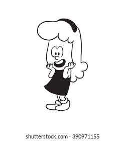 Vector cartoon image of a cute little girl with wavy hair in a dress standing and rejoicing to something on a white background. Made in a monochrome style. Positive character. Vector illustration.