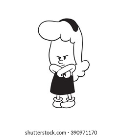 Vector cartoon image of a cute little angry girl with wavy hair in a dress standing with her arms crossed on a white background. Made in a monochrome style. Positive character. Vector illustration.