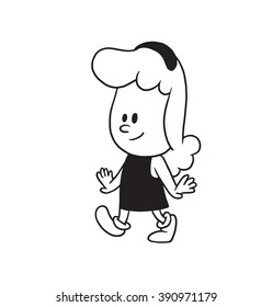 Vector cartoon image of a cute little girl with wavy hair in a dress walking and smiling on a white background. Made in a monochrome style. Positive character. Vector illustration.