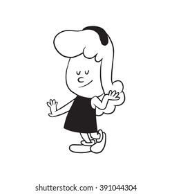 Vector cartoon image of a cute little girl with wavy hair in dress standing and coquetting on a white background. Made in a monochrome style. Positive character. Vector illustration.