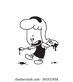 Vector cartoon image of a cute little girl. Little girl with wavy hair. Little girl with a palette and a brush in hands on a white background. Cartoon little girl in a monochrome style. Vector girl.