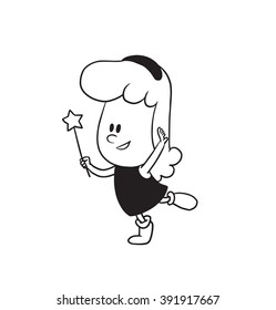 Vector cartoon image of a cute little girl. Little girl with wavy hair. Little girl with magic wand in hand on white background. Cartoon little girl in a monochrome style. Vector illustration of girl.