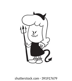 Vector cartoon image of a cute little girl. Little girl with wavy hair. Little girl in a devil costume with a trident on a white background. Cartoon little girl in a monochrome style. Vector girl.