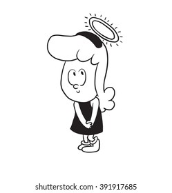 Vector cartoon image of a cute little girl. Little girl with wavy hair. Little girl with halo over her head on white background. Cartoon little girl in a monochrome style. Vector illustration of girl.
