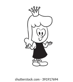 Vector cartoon image of a cute little girl. Little girl with wavy hair. Little girl with a crown on her head on white background. Cartoon little girl in a monochrome style. Vector illustration of girl