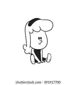 Vector cartoon image of a cute little girl. Little girl with wavy hair. Little girl is sitting and smiling on a white background. Cartoon little girl in a monochrome style. Vector illustration of girl