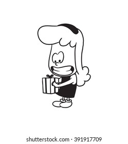Vector cartoon image of a cute little girl. Little girl with wavy hair. Little girl with a gift in her hands on white background. Cartoon little girl in a monochrome style. Vector illustration of girl