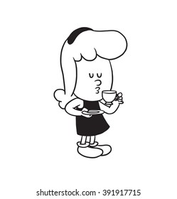 Vector cartoon image of a cute little girl. Little girl with wavy hair. Little girl is drinking from a cup on a white background. Cartoon little girl in a monochrome style. Vector illustration of girl