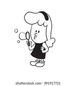 Vector cartoon image of a cute little girl. Little girl with wavy hair. Little girl is blowing bubbles on a white background. Cartoon little girl in a monochrome style. Vector illustration of girl.