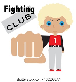 Vector cartoon image of a cute little boy in grey shorts and red shirt going to fight with someone on white background. Color image. Positive character. Vector illustration.