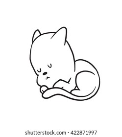 Vector cartoon image of a cute little black-white cat sleeping curled up on a white background. Made in monochrome style. Positive character. Vector illustration.