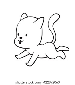 Vector cartoon image of a cute little black-white cat running and smiling on a white background. Made in monochrome style. Positive character. Vector illustration.